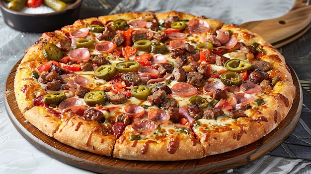 La pizza est garnie de salami, de poivrons, de tomates, de fromage, de cornichons, de bacon et de saucisses.