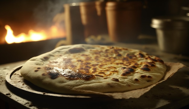 Photo une pizza est sur une poêle devant un feu.