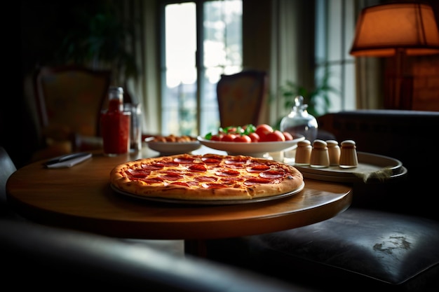 Une pizza est posée sur une table avec une lampe derrière elle