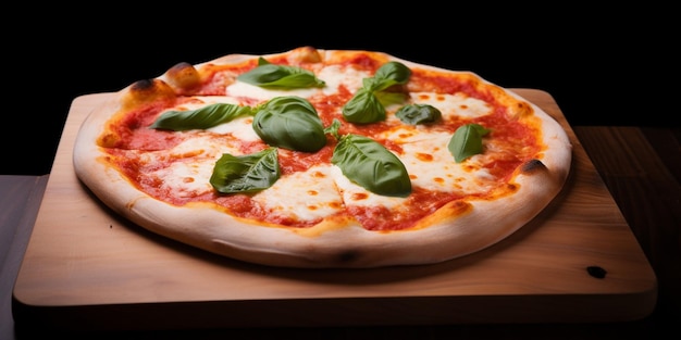 Une pizza avec des feuilles de basilic dessus sur une table en bois.