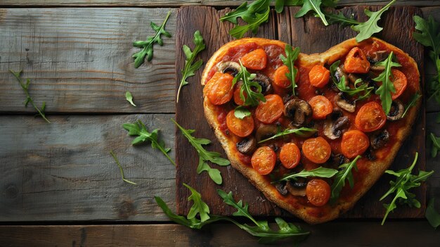 une pizza en forme de cœur avec des champignons et des légumes verts sur une planche en bois