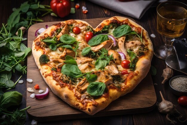 Pizza en forme de coeur avec poulet grillé et légumes verts frais créés avec une IA générative