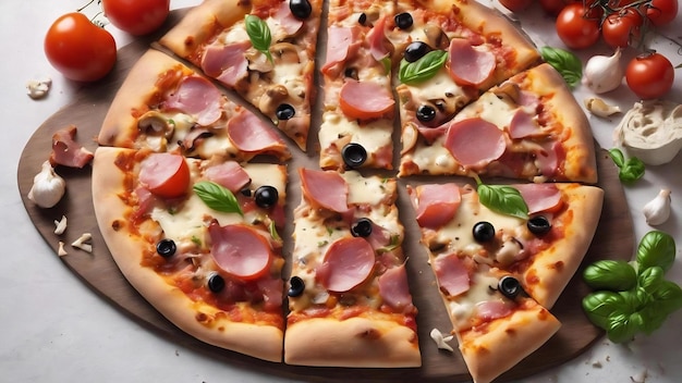 Pizza fraîche avec des champignons, du fromage au jambon sur fond blanc, copie de l'espace, faite maison avec amour.