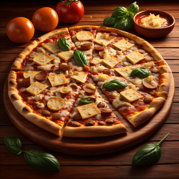 Pizza fraîchement cuite au four avec du fromage sur une planche de bois