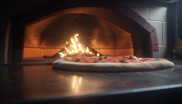 Pizza fraîchement cuite sur une table en bois provenant d'un four à bois généré par l'intelligence artificielle
