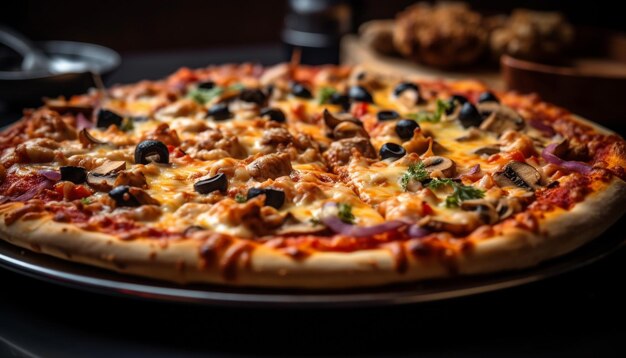 Pizza fraîchement cuite sur une table en bois repas gastronomique généré par l'IA