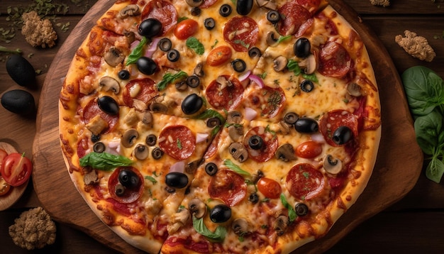 Pizza fraîchement cuite sur une table en bois rustique générée par l'IA