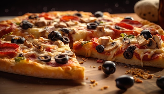 Pizza fraîchement cuite sur une table en bois rustique générée par l'IA