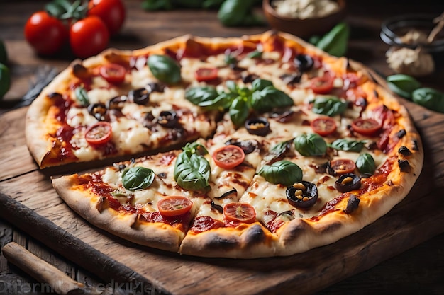 Pizza fraîchement cuite sur une table en bois rustique