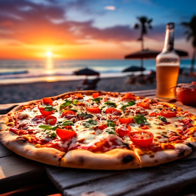 Photo pizza fraîchement faite sur le fond de la fête dans une soirée de plage floue