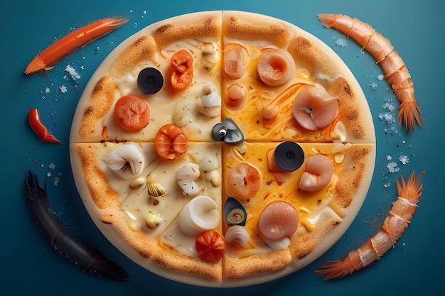 La pizza avec des fruits de mer, une sans tranche, est exposée sur la table.