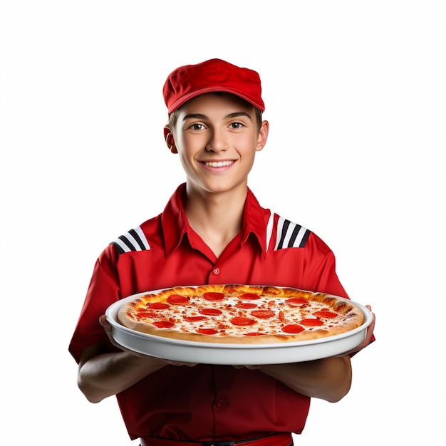 Photo pizza garçon livraison de nourriture homme repas heureux manger jeune boîte d'arrière-plan délicieux dîner mignon rapide