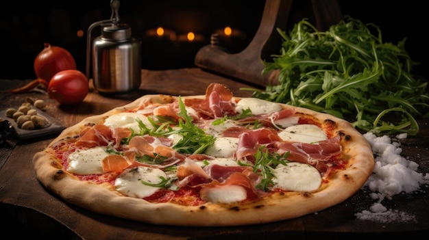 Pizza gastronomique rustique garnie de roquette au prosciutto et de burrata fraîche Generative AI