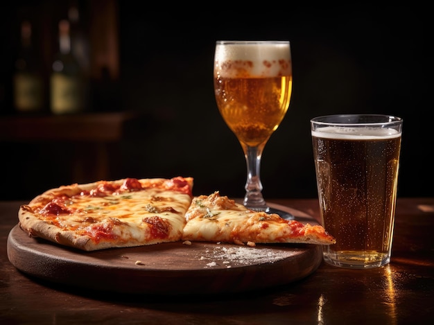 Pizza gonflée et un verre de bière froide