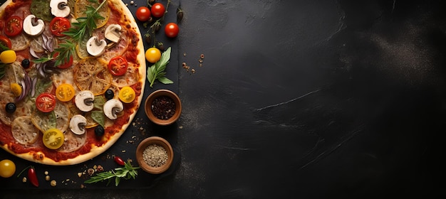 Pizza gourmet sur pierre noire avec des ingrédients frais en vue du haut et un espace vide pour le texte