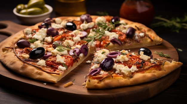 Une pizza grecque fantastique avec des olives et du fromage feta