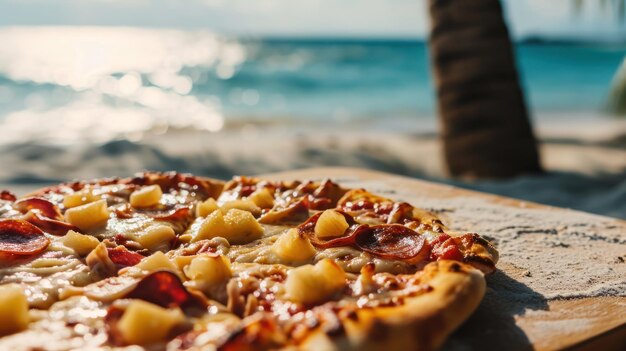 Une pizza hawaïenne sur le fond d'une plage tropicale