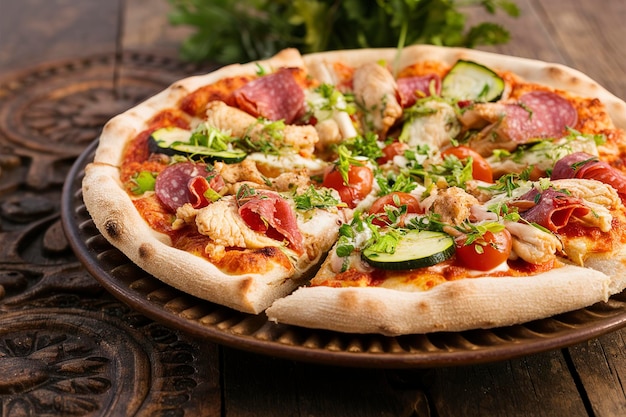 Pizza italienne avec du poulet, du salami, des courgettes, des tomates et des herbes sur un fond en bois vintage