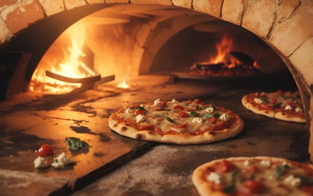 Pizza italienne fraîche sur un four à briques de table en bois
