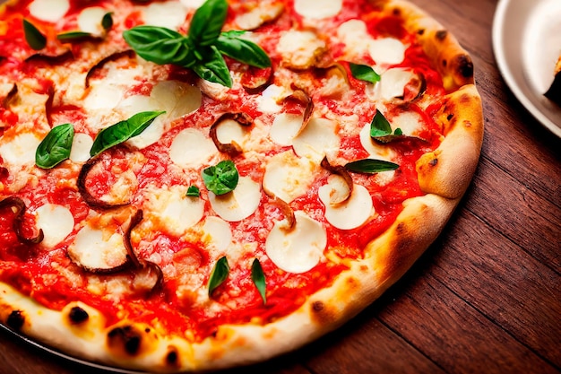 Pizza italienne maison fraîche ast cuisine italienne traditionnelle sur table en bois classique en vue latérale
