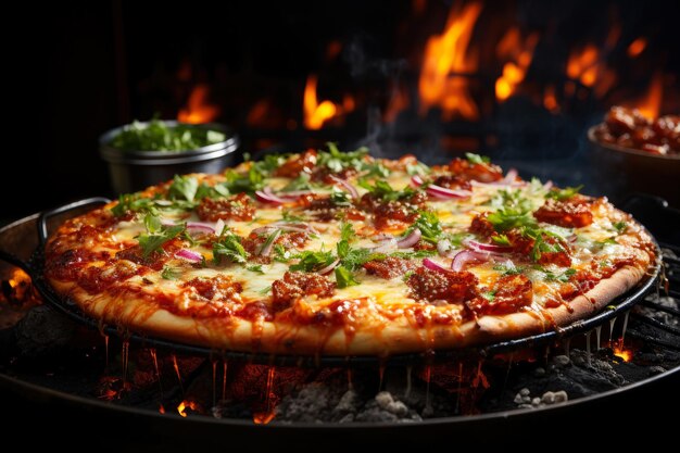 Pizza italienne traditionnelle chaude et savoureuse avec viande et légumes avec fumée et feu