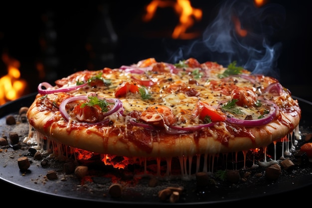 Photo pizza italienne traditionnelle chaude et savoureuse avec viande et légumes avec fumée et feu