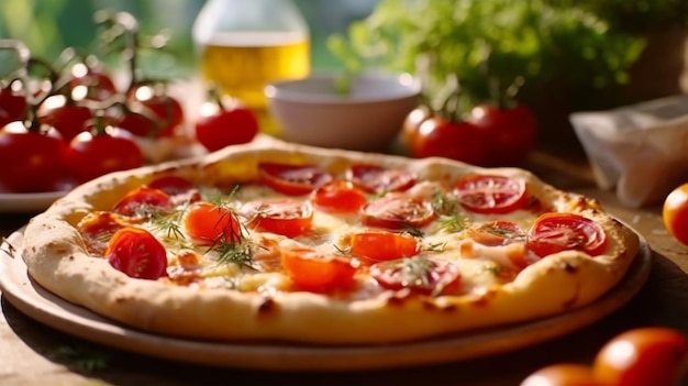 Pizza italienne traditionnelle avec concept de cuisine de restaurant de mozzarella de fromage de jambon de tomate AI généré
