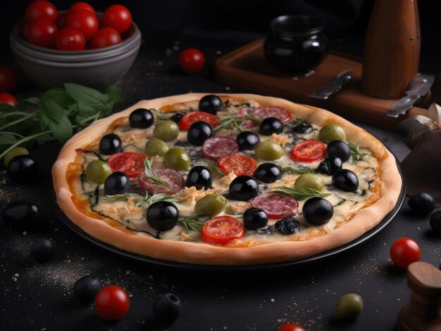 Photo pizza italienne traditionnelle sur table sombre generative ai