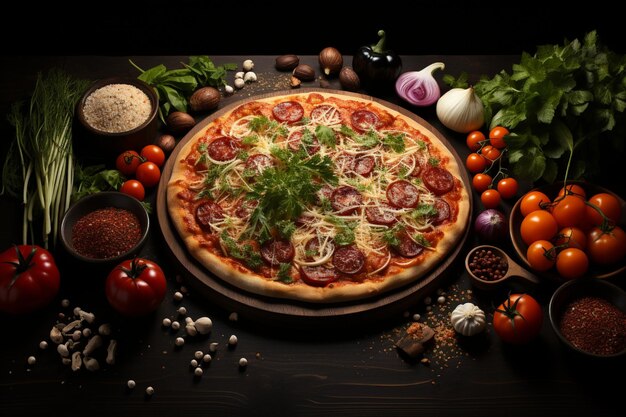 une pizza avec des légumes et des tomates sur une table