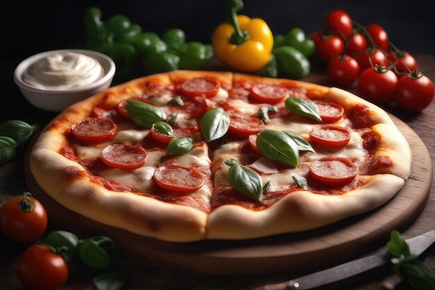 pizza avec des légumes et de la viande sur la table