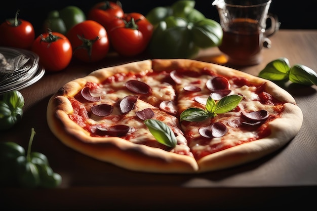 pizza avec des légumes et de la viande sur la table