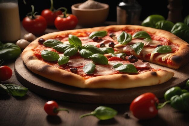 pizza avec des légumes et de la viande sur la table