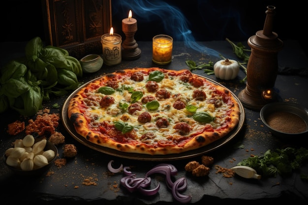Pizza levure pain plat sauce tomate fromage herbes un plat italien traditionnel remplissage empilé de sauce tomate fromage ingrédients tels que la viande légumes champignons et autres aliments pizzaiolo