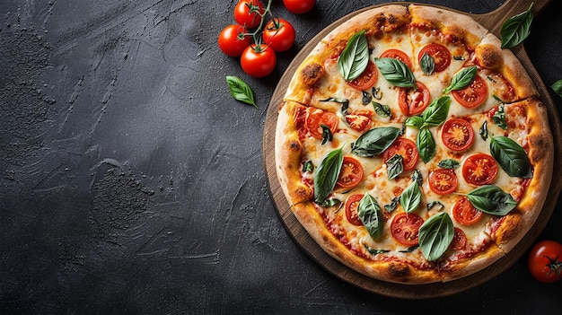 Une pizza à la margarita avec du mozzarella, du fromage, des tomates à la cerise.