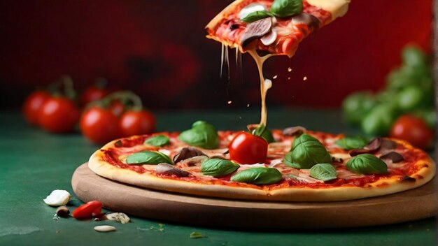 Photo une pizza margerita sur un fond vert