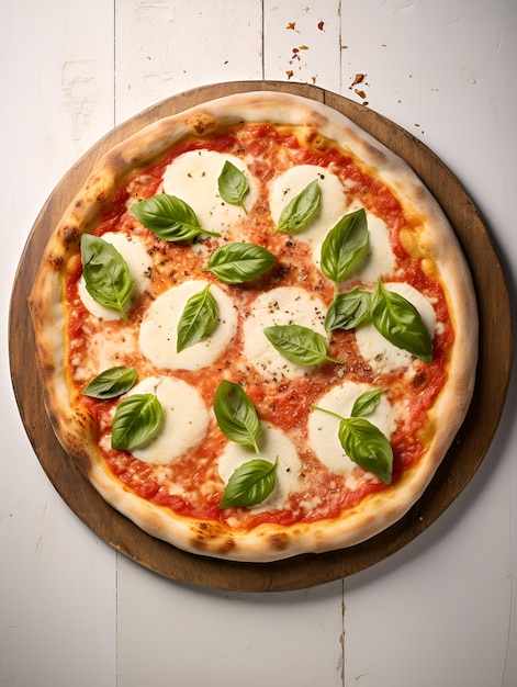 Pizza margherita au fromage mozzarella et basilic sur planche de bois