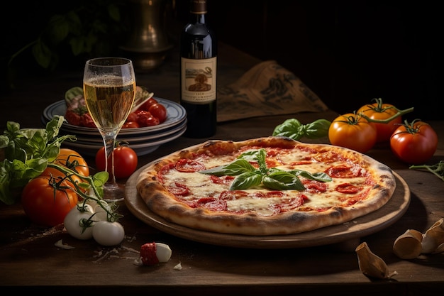 Pizza Margherita authentique sur une table au four en pierre avec des vignes toscanes au loin