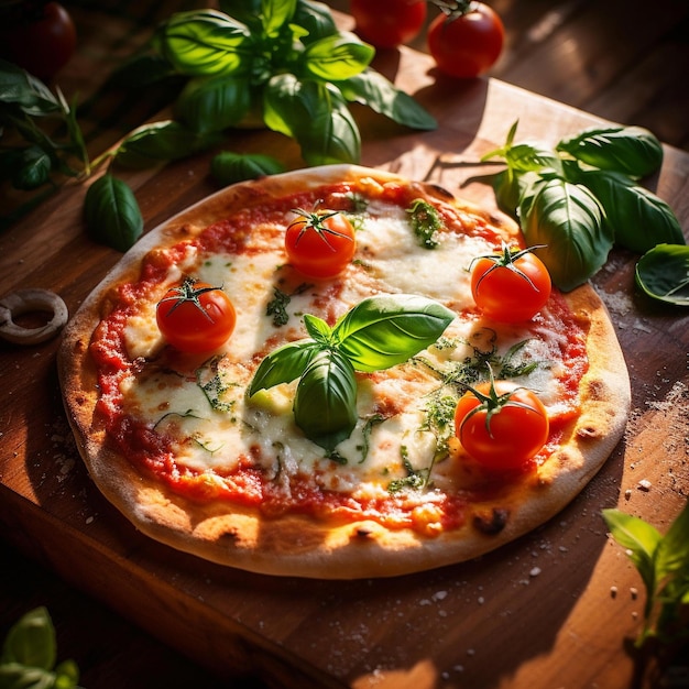 Pizza margherita classique avec feuilles de basilic frais