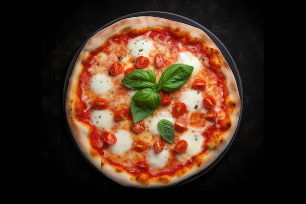 Pizza Margherita sur fond de pierre noire vue supérieure générée par l'IA