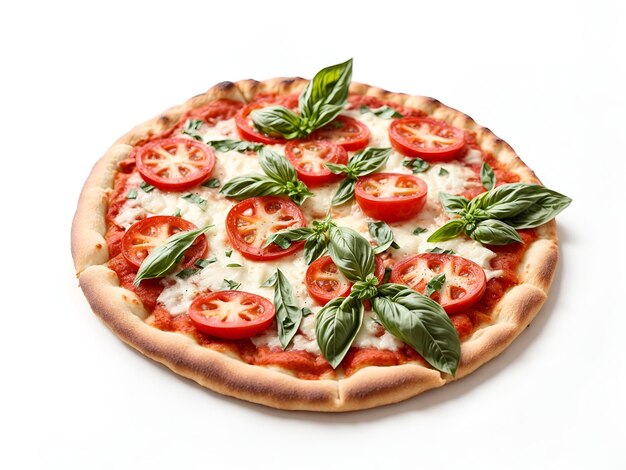 Pizza Margherita garnie de basilic frais sur un fond blanc