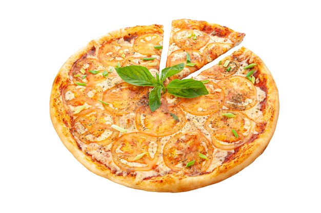 Pizza Marguerite. Avec Fromage Mozzarella, Sauce Tomate, Tomates, Origan. Fond blanc. Isolé. Fermer.