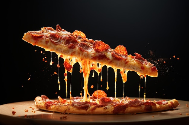 Pizza et morceaux de pizza à l'appétit lévitation fromage élastique transformé IA générative