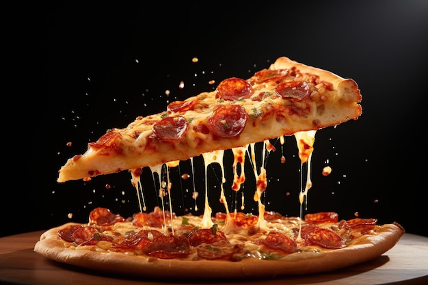Pizza et morceaux de pizza à l'appétit lévitation fromage élastique transformé IA générative