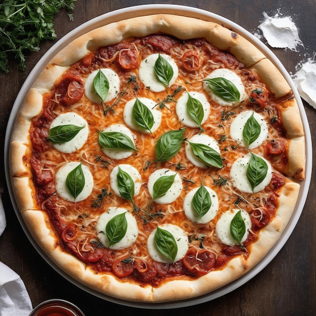 Photo une pizza avec de la mozza et des feuilles de basilic sur le dessus