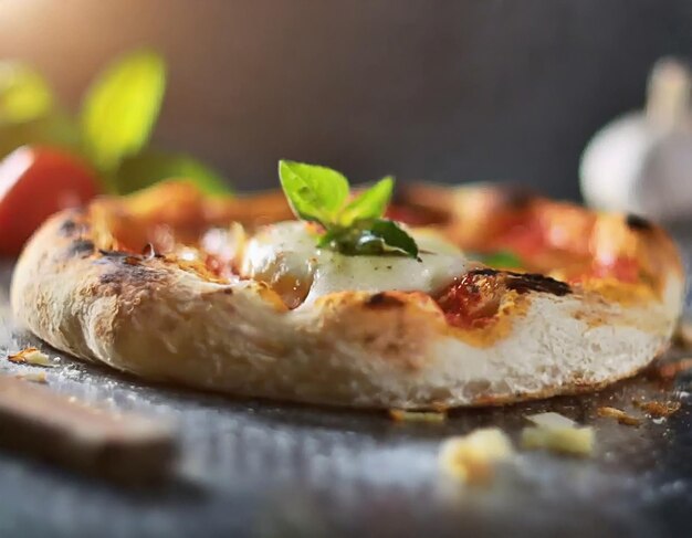 Pizza avec de la mozzarella, des tomates et du basilic sur un fond sombre