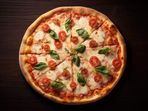 Pizza avec de la mozzarella, des tomates et du basilic sur noir