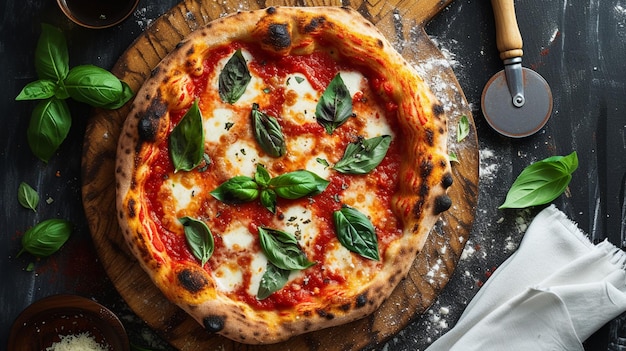 La pizza Napoletana est présentée avec une attention exceptionnelle aux détails, en mettant l'accent sur la composition, le plaquage, la garniture, les accessoires de fond, l'éclairage, le style, la palette de couleurs.