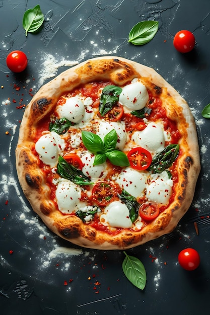 Pizza napolitaine avec des épices, des tomates et de la mozzarella au fromage sur un fond sombre Piz Generative AI