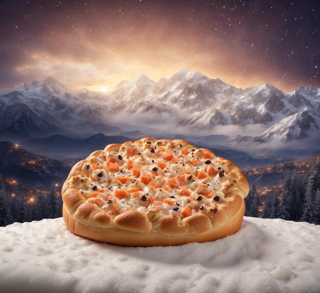 Pizza sur la neige avec des montagnes en arrière-plan la nuit