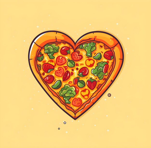 Une pizza avec de nombreuses garnitures est en forme de cœur.